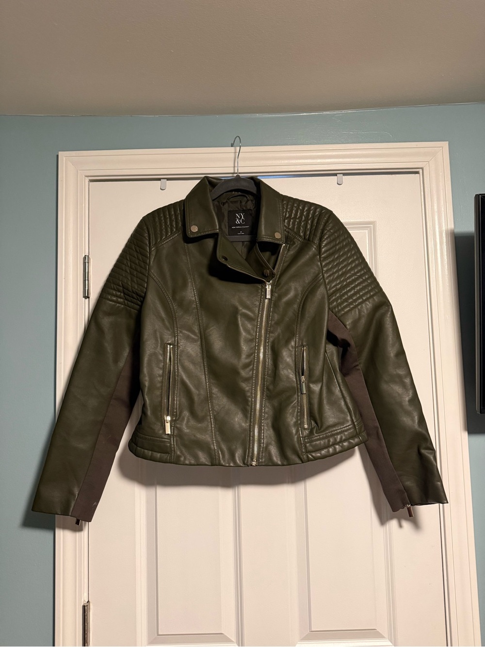 New York & Company Olive Faux Leather Moto Jacket